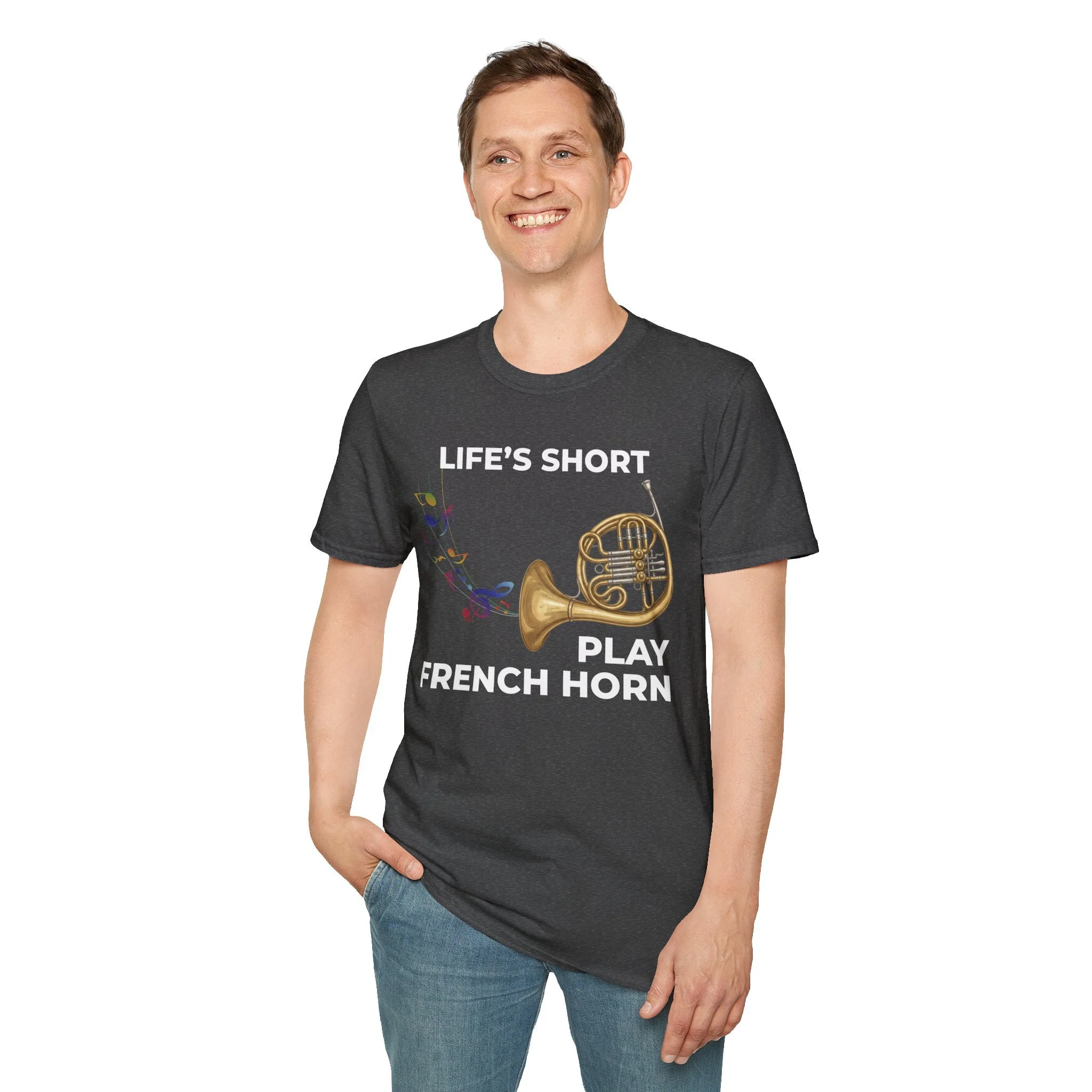graphic tee with image of a french horn, colorful music notes, and text that says life's short play french horn