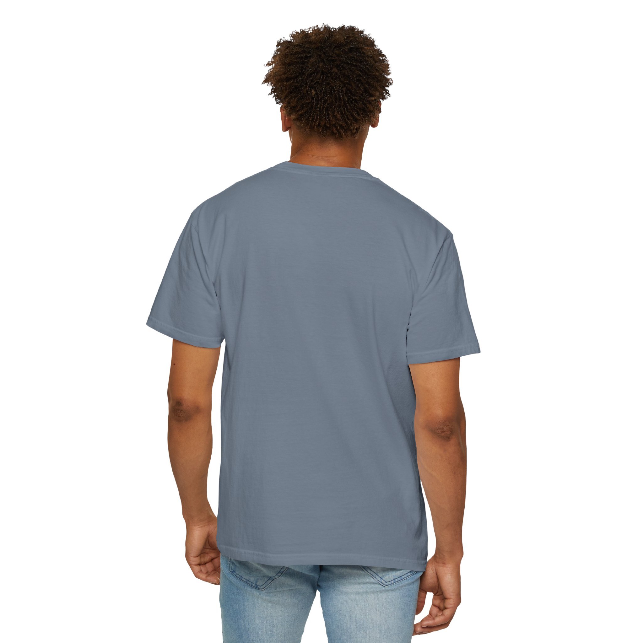 Adult man showing blank, back side of a comfort colors 1717 heavy garment dyed shirt