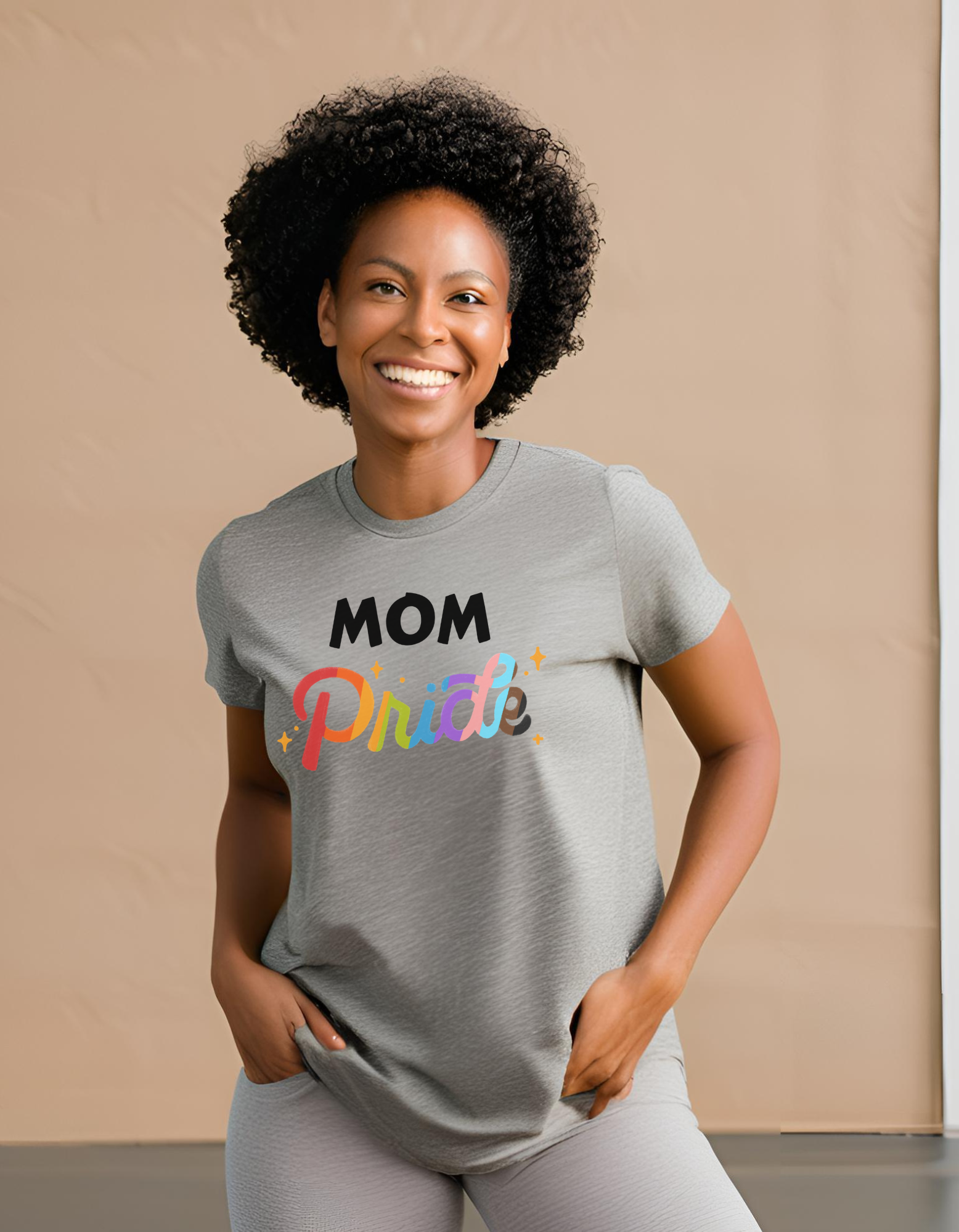 Mom Pride t-shirt, unisex style, with LGBTQ+ colors. Gift for mom on birthdays, mother's day, or pride day.
