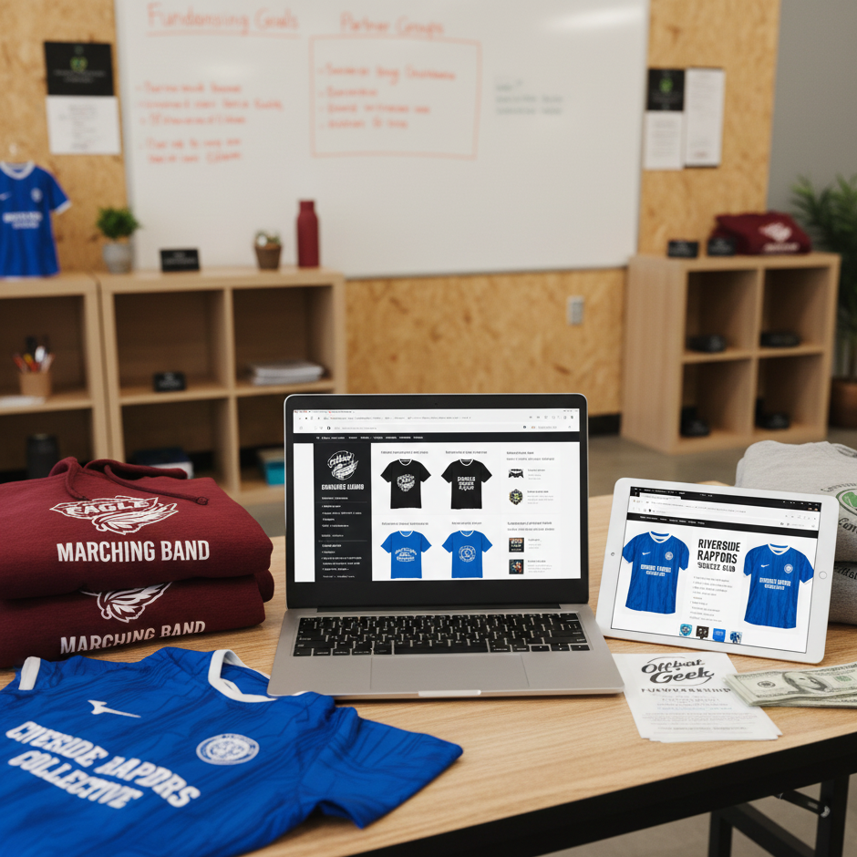 Display of custom team apparel, including maroon sweatshirts, blue t-shirts, and a website on laptop and tablet screens showcasing sports jerseys for a marching band or sports team, with a whiteboard and shelves in the background.