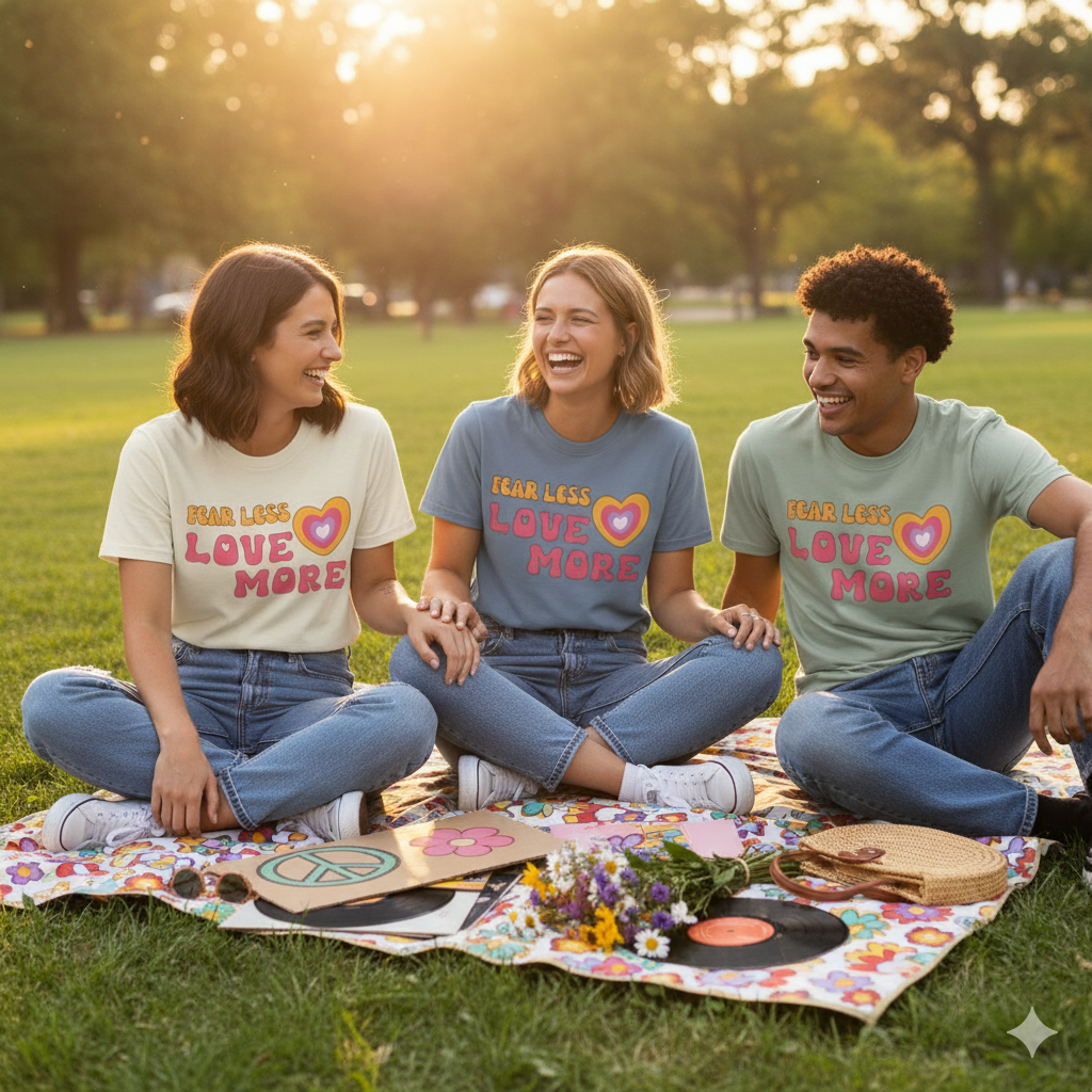 Group of friends casually sitting on a picnic blanket in natural setting wearing comfort colors graphic t-shirt with retro font that says fearless love more and graphic of a retro style heart
