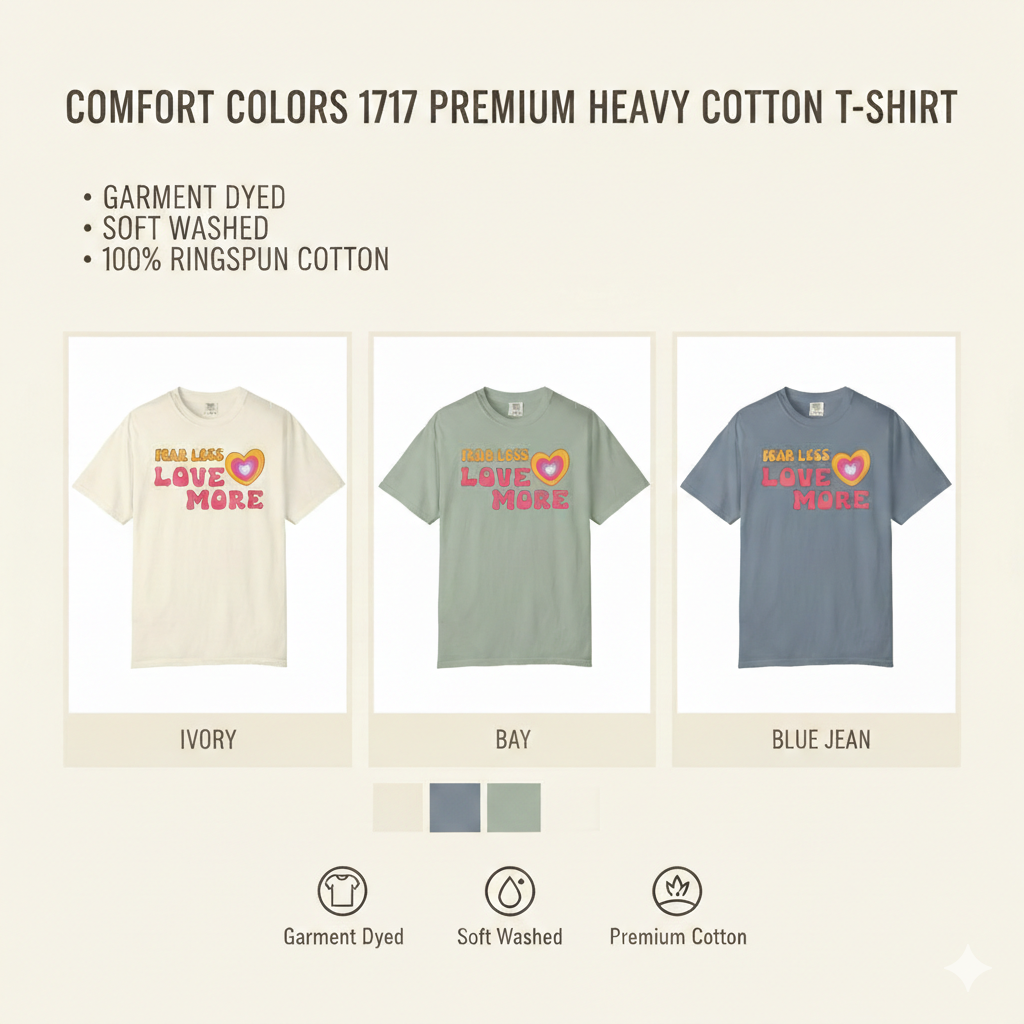 Infographic for the comfort colors 1717 garmentdite T-shirt showcasing premium quality soft cotton feel and comfort