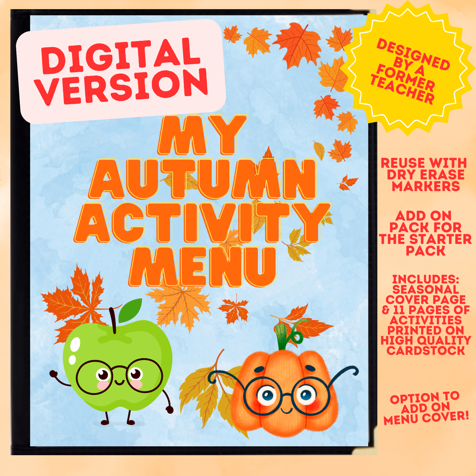 Fall Activity Menu PDF DIGITAL- Kids, Toddlers & Preschoolers - Dry Erase Reusable Learning Activities Add-On Pack