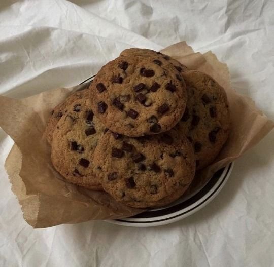 Plate of chocolate chip cookies on parchment paper