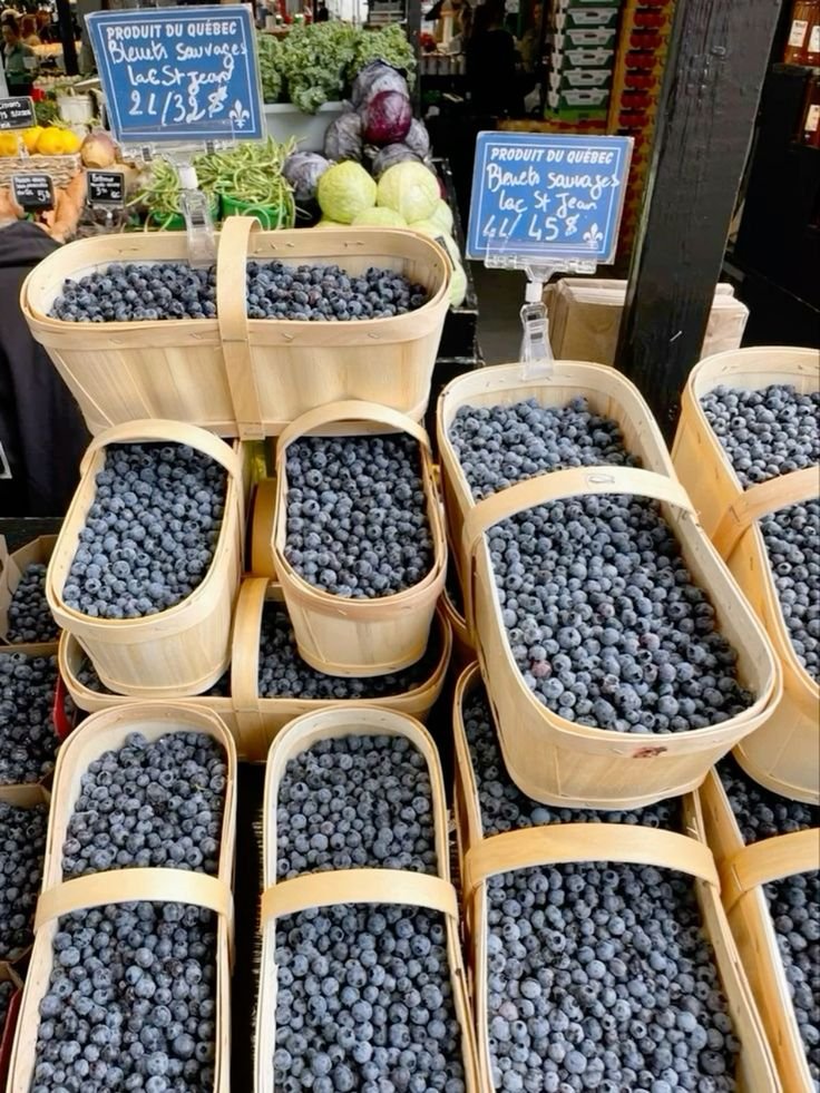 Baskets of wild blueberries labeled "Produit du Québec, Bleuet Sauvage, Lac St-Jean," displayed at an outdoor market.