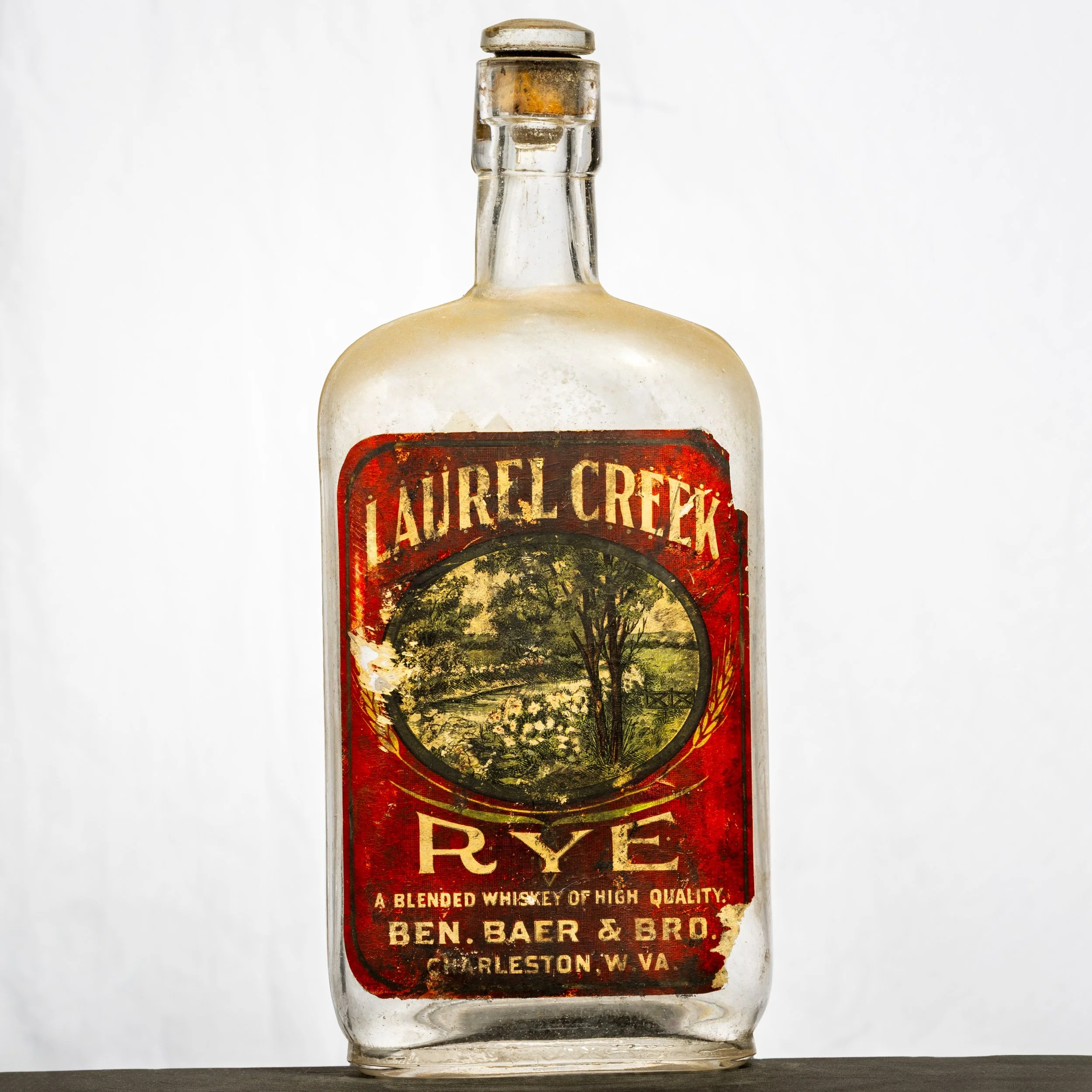 Ben Baer & Bro., Laurel Creek Rye Whiskey, Charleston labeled whiskey bottle. Pint-sized.