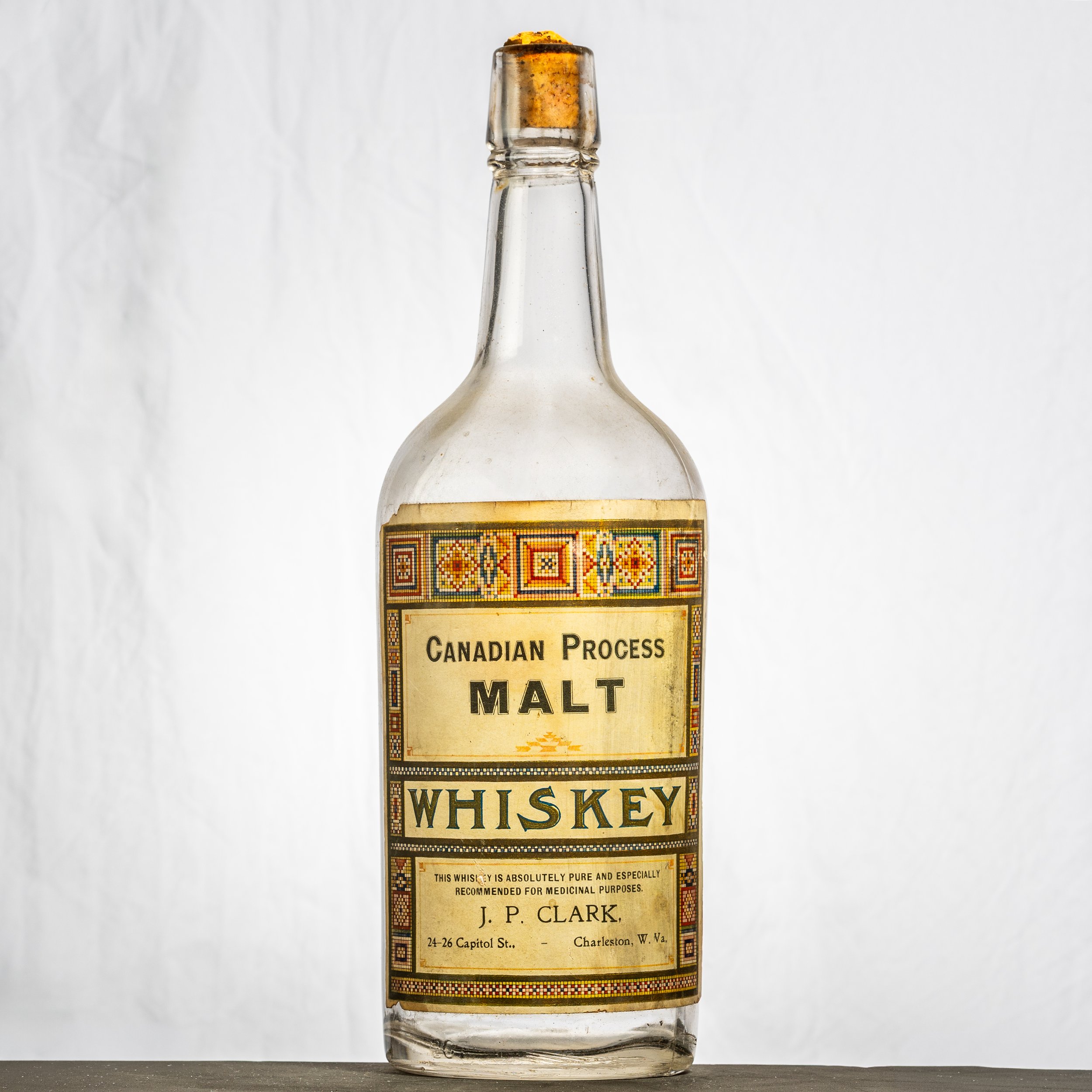 J.P. Clark, Canadian Process Malt Whiskey, Charleston quart whiskey bottle.