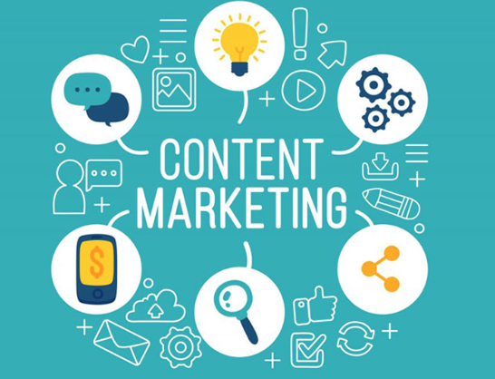 Graphic representing content marketing with icons for ideas, communication, social media, analytics, and digital tools surrounding the words 'Content Marketing' on a teal background.