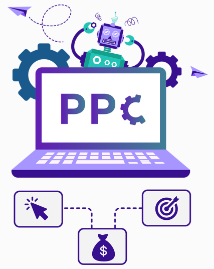 Illustration of a robot emerging from a laptop screen with the letters 'PP' and a gear symbol, surrounded by gears, a cursor icon, a target icon, and a money bag icon.