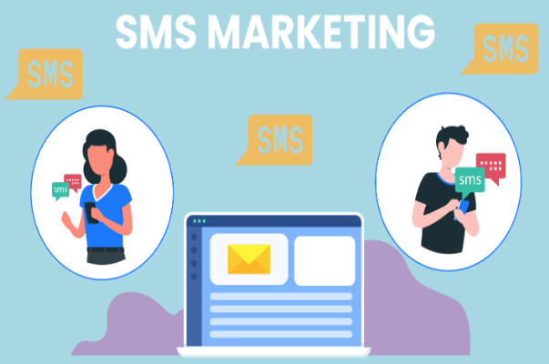 Illustration of SMS marketing with two people using mobile phones and a computer screen displaying an email, surrounded by message bubbles labeled 'SMS'.
