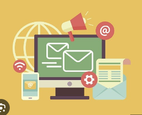 Digital marketing icons including a computer monitor with email, a globe, a megaphone, a smartphone, email icons, an at symbol, a gear, and a document, all on a yellow background.
