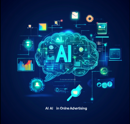 Digital illustration of a brain with the letters 'AI' inside, surrounded by icons representing data, graphs, and technology, with the text 'AI in Online Advertising' at the bottom.