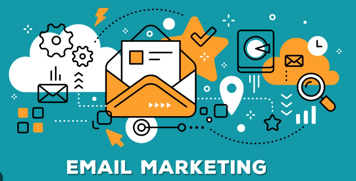 Digital illustration representing email marketing with envelopes, gears, a magnifying glass, a clock, and icons for communication and growth, against a teal background.