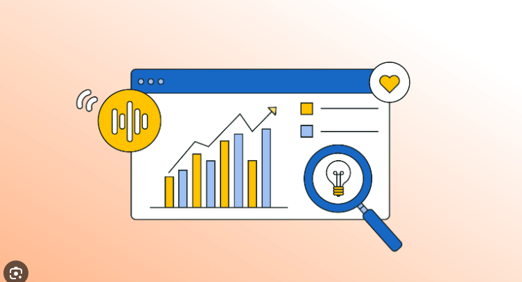 Stylized illustration of a data analytics dashboard with bar and line charts, magnifying glass, speech bubble, sound wave icon, and a heart icon.