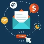 An envelope with a letter, surrounded by icons of email, currency, and clock, with a send button and cursor.