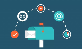 A blue mailbox with an open lid, surrounded by digital icons including a globe, a play button, an email symbol, a checkmark, and a pie chart, representing communication and online messaging.