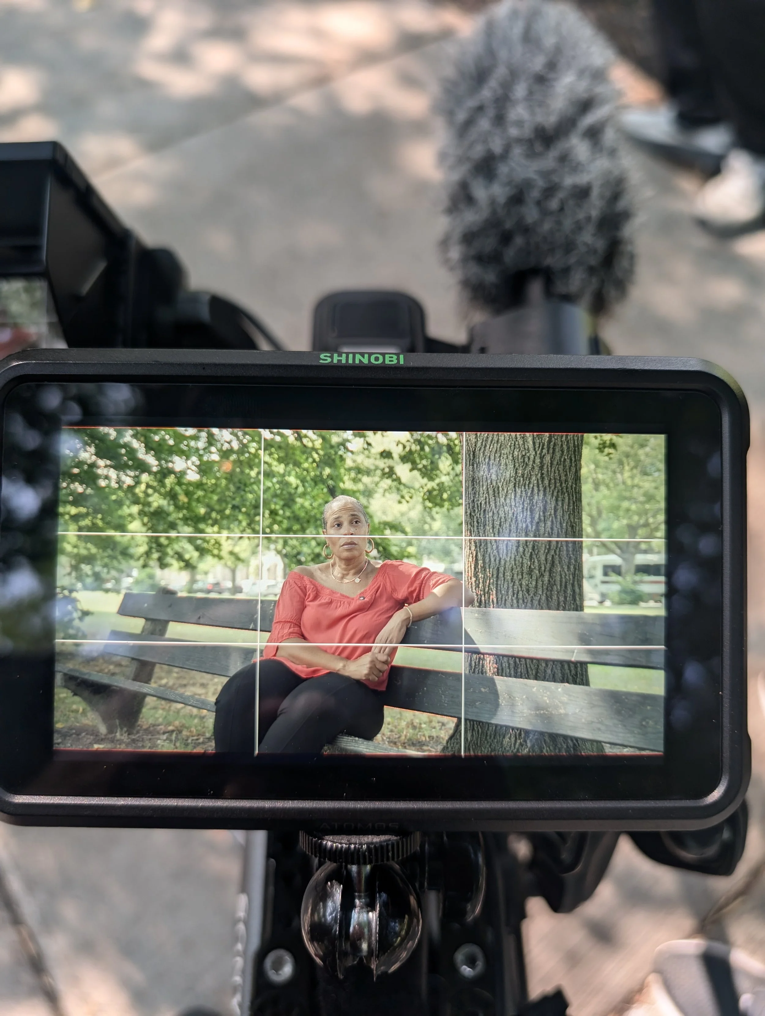 A woman sitting on a park bench, seen through the screen of a camera mounted on a bicycle.