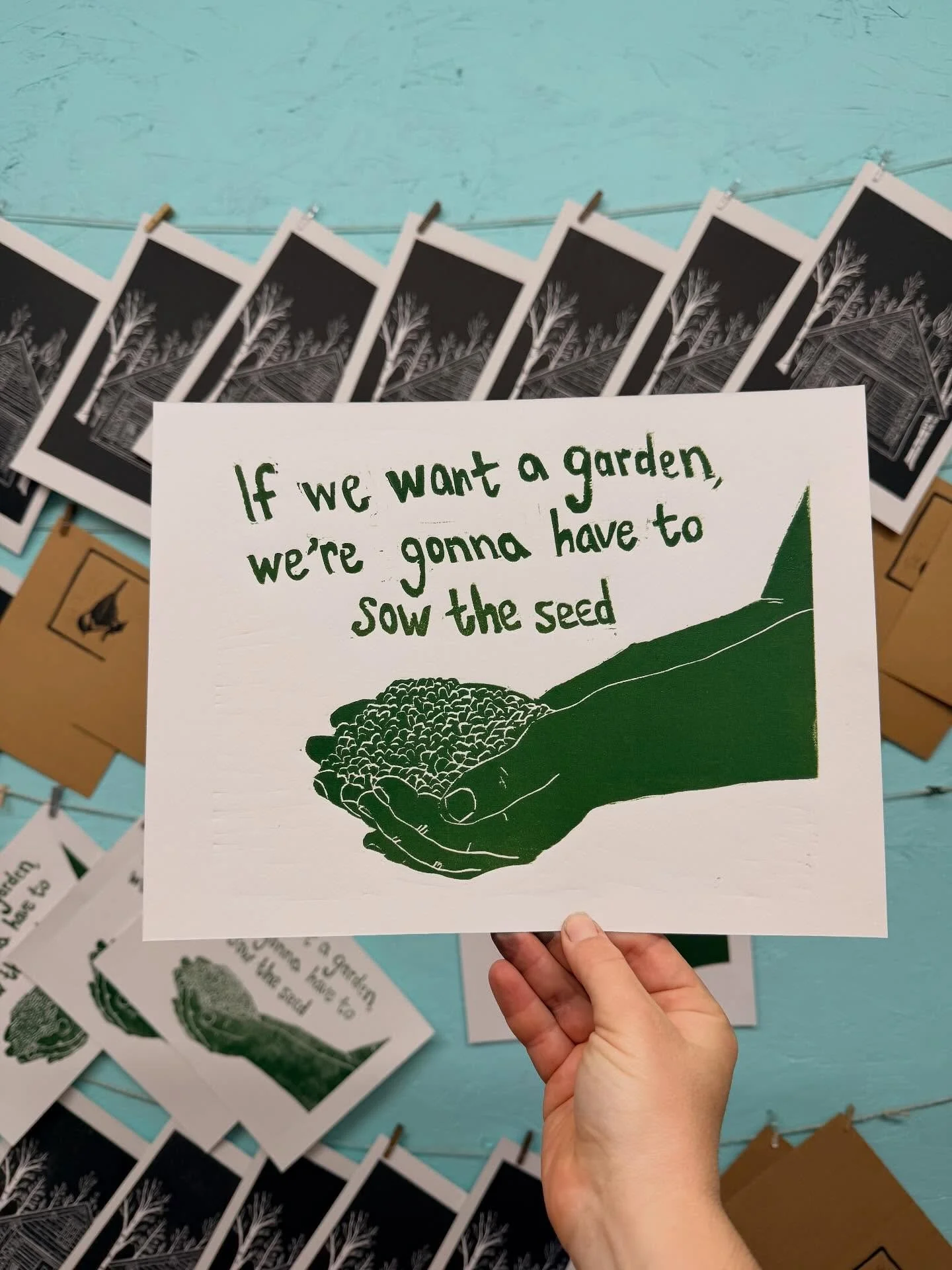 Been thinking about this quote (lyric) a lot.

We listened to this song on the drive back from Lake Superior last weekend and something about that moment just made me want to carve it.

My first woodcut. 
(And in the background a sneak peek at my oth