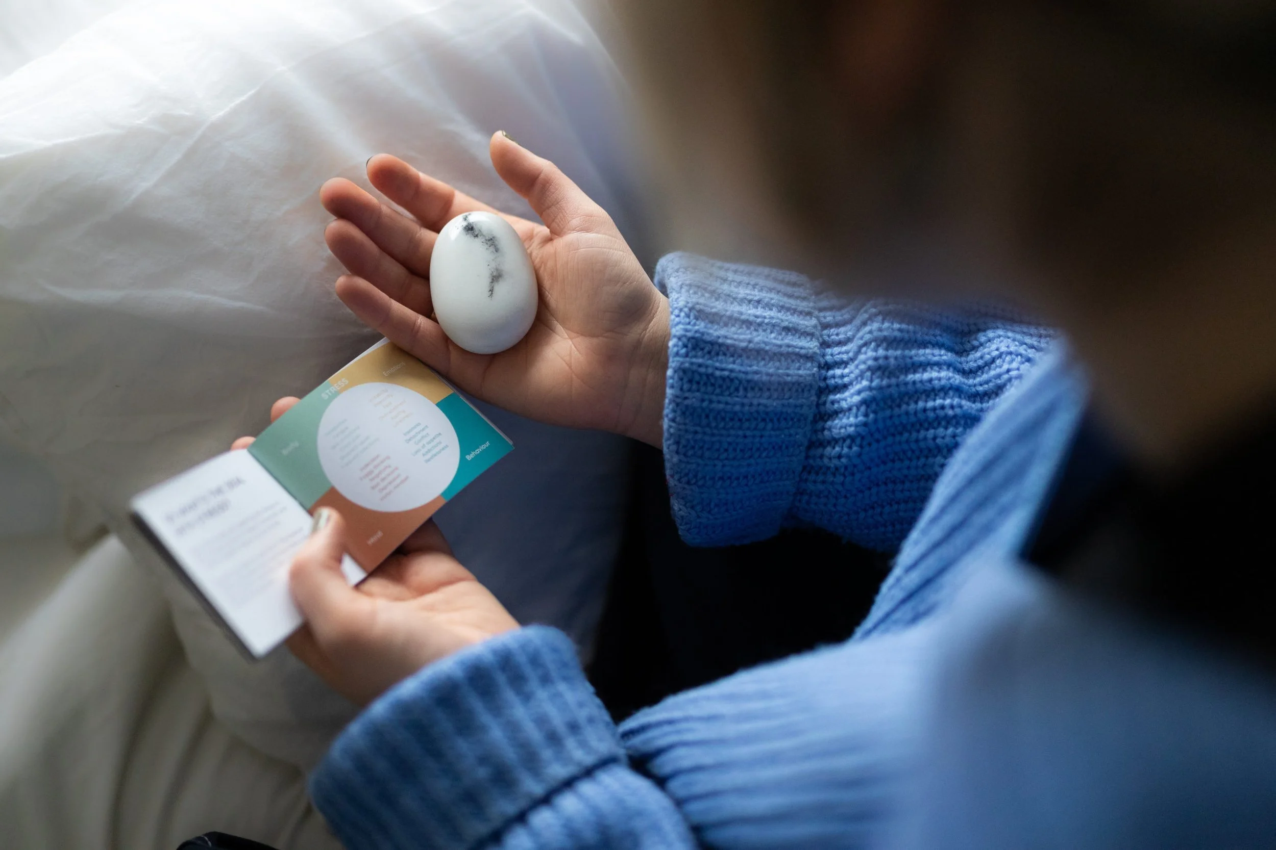 Person holding a white stone and a color chart booklet.