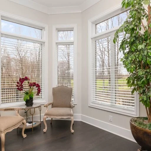 Bright sunlit corner room with large windows, beige armchair, side table with a potted orchid, and a tall potted plant.