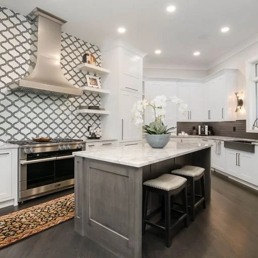 Modern kitchen with white cabinets, a marble countertop island, patterned backsplash, stainless steel appliances, and decorative shelves.