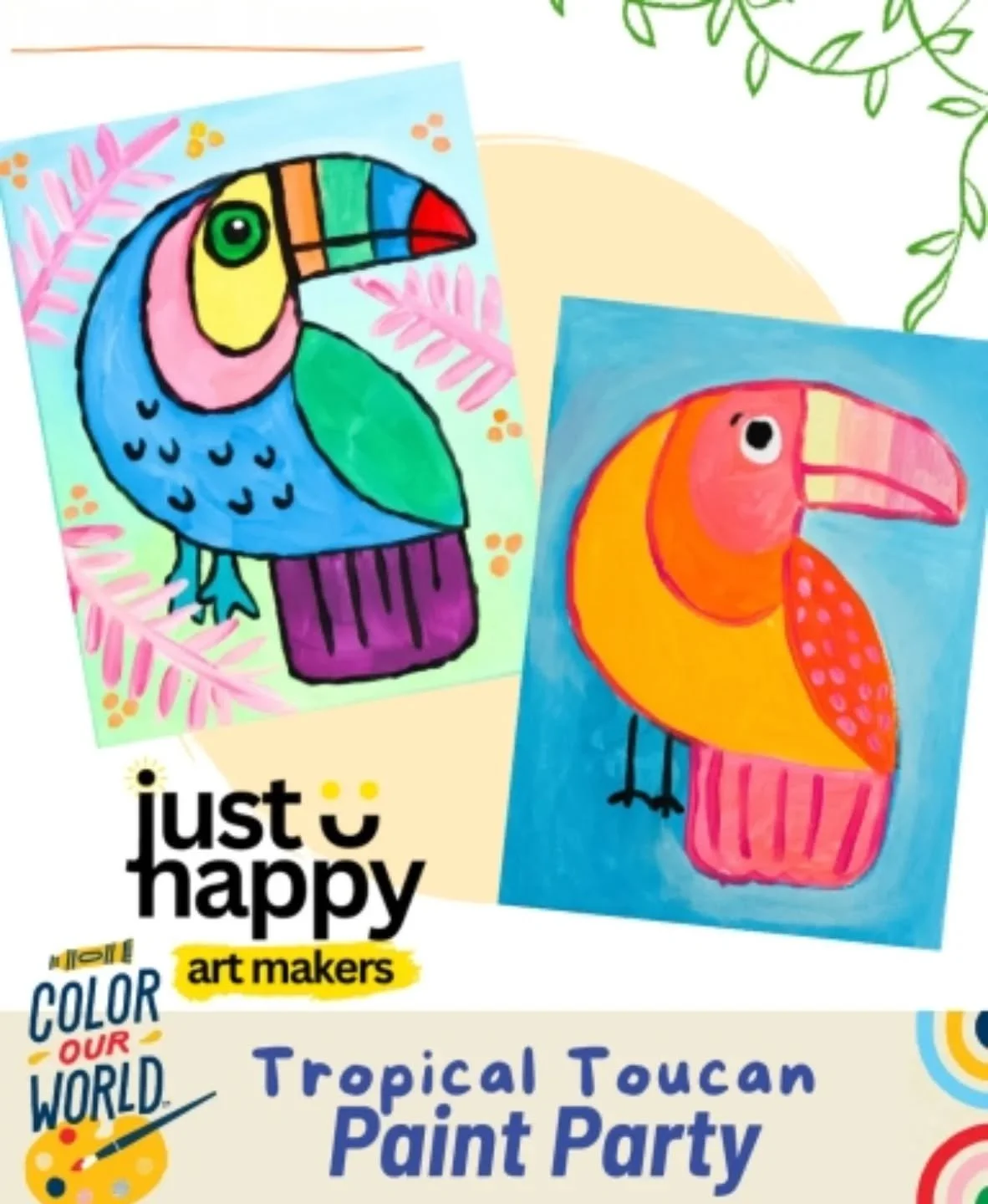 Tropical Toucan Paint Party registration is Open!Join me to paint a colorful toucan. Learn how to create a vibrant toucan painting with acrylics in your own fantasy jungle for it to live in! 2 sessions: Grades 1-2 (1pm - 2:30pm) and Grades 3-4 (3:00p