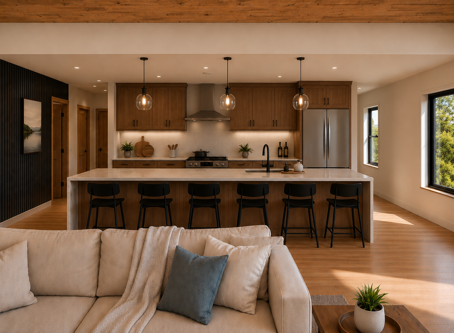 Open-concept living space with beige sofa, blue pillow, and house plant in foreground, open kitchen with wood cabinets, marble island with six black chairs, pendant lights, and windows showing greenery outside.