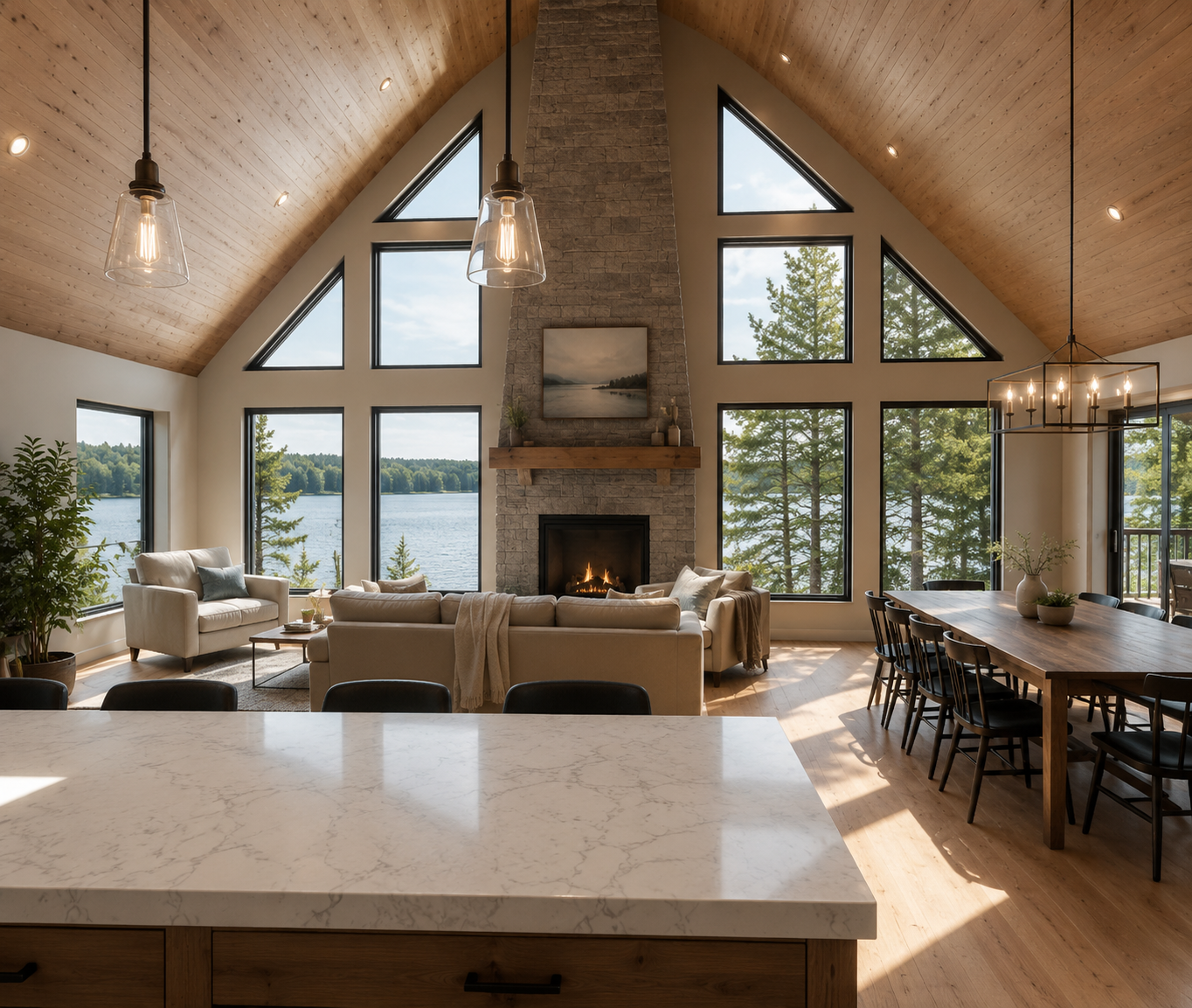 Living room with large triangular windows overlooking a lake and trees, a stone fireplace, beige sofas, a dining table with black chairs, and wood-paneled vaulted ceiling with pendant and chandelier lighting.