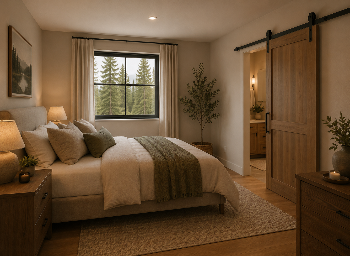 A cozy bedroom with a large bed covered in neutral-colored bedding and pillows, a wooden nightstand with lamps and small plants, a window showing tall pine trees outside, a potted tree in the corner, and a sliding wooden barn door leading to a bathro