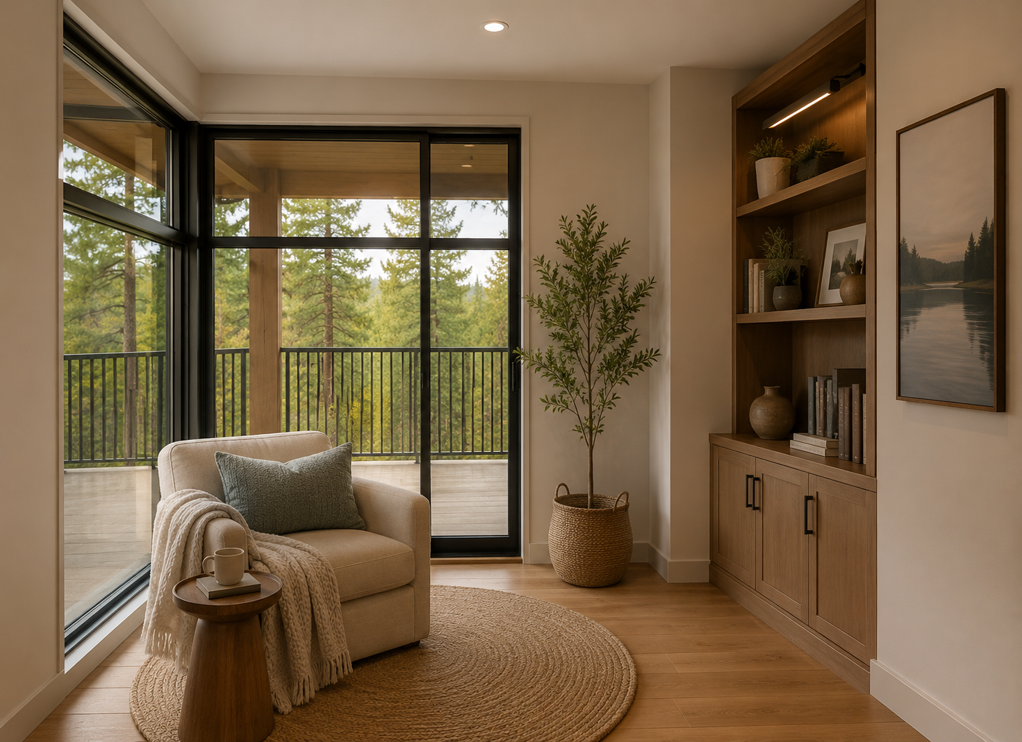 Cozy living room corner with beige armchair, gray pillow, white throw blanket, wooden side table with mug and book, potted tree, built-in wooden bookshelf with plants, pictures, books, hardwood floor, large glass sliding door leading to a balcony wit