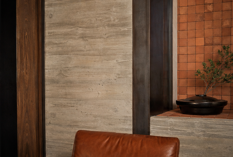 Part of an interior space with a brown leather chair, a concrete wall, and a raised platform with red tiles, a black planter with green plant, and dark vertical elements.