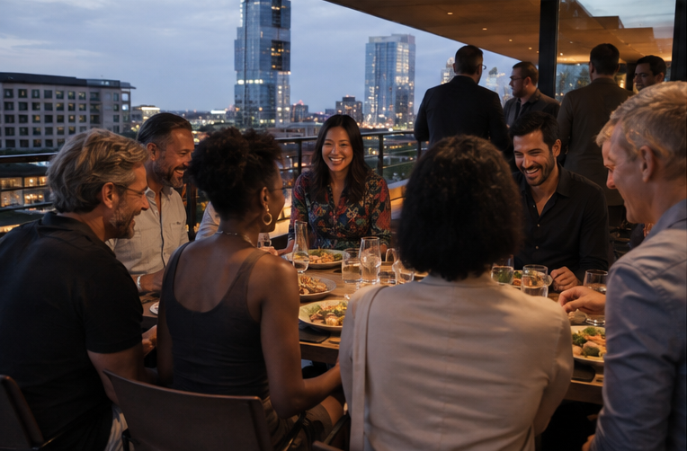 A diverse group of people enjoying a dinner on a rooftop restaurant balcony with a city skyline view in the background.