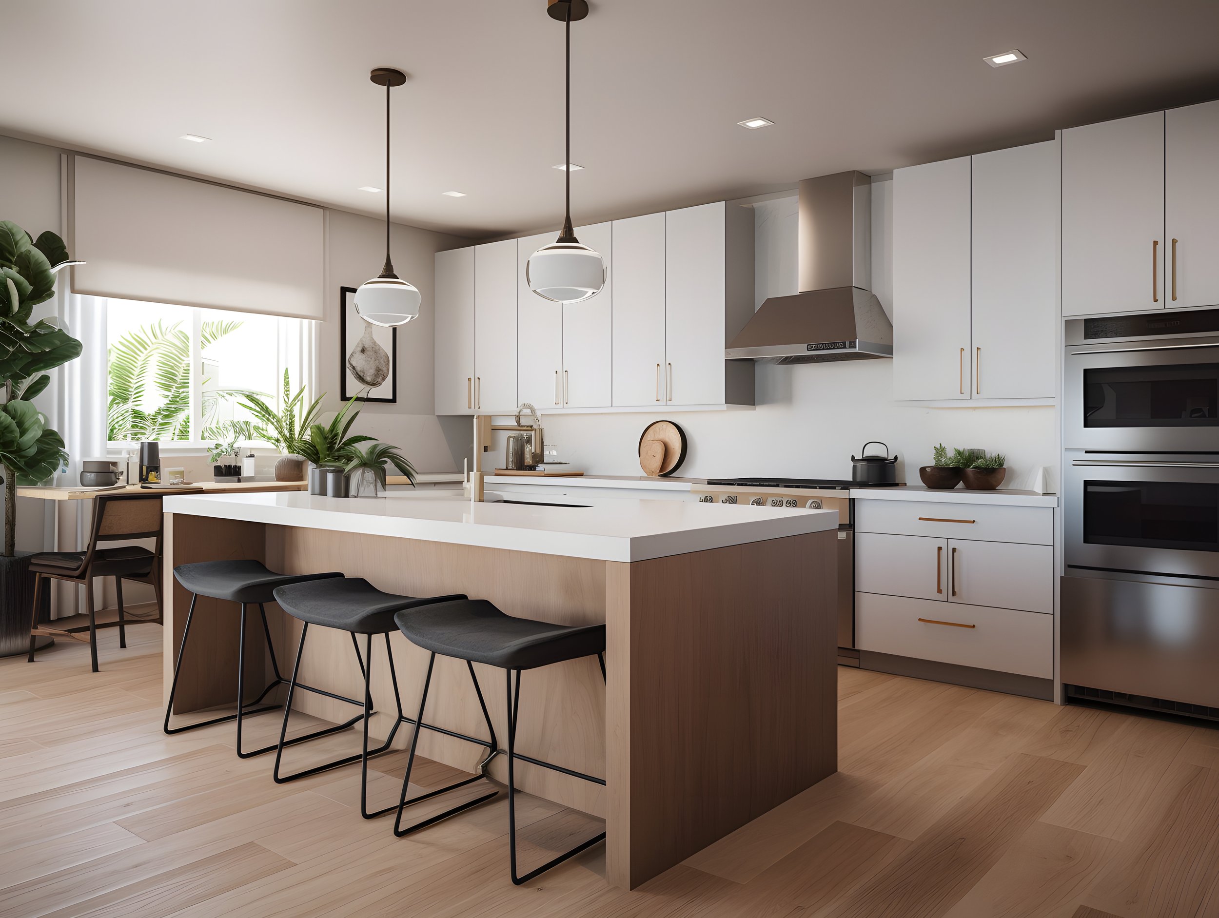 Modern kitchen with white cabinetry, a large island with wooden accents, black chairs, pendant lighting, and potted plants near a window with blinds.