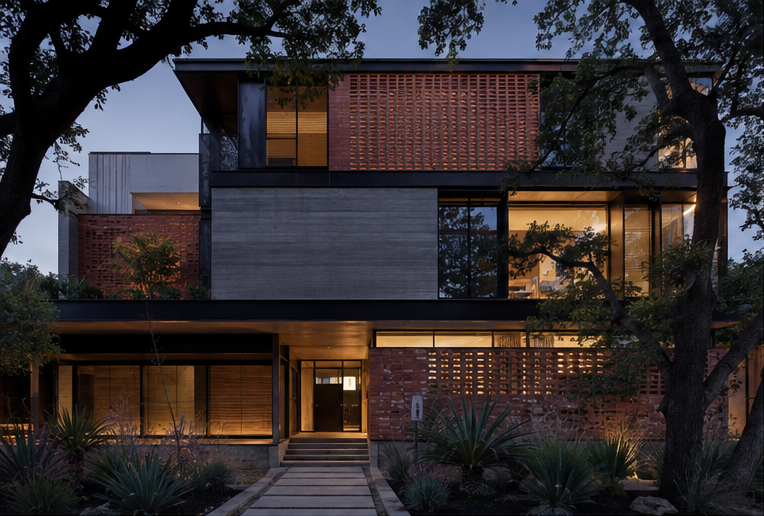 Modern multi-story house with large windows, brick, concrete, and wood exterior, surrounded by trees and desert plants.