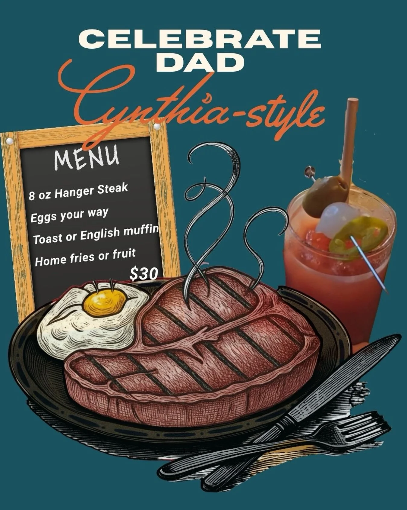 This Saturday and Sunday, we&rsquo;re adding a special brunch feature to celebrate dad &mdash; whatever that looks like for you.
An 8 oz hanger steak with eggs any style, plus your choice of classic sides.
Brunch runs 11 to 3. Reservations on Opentab