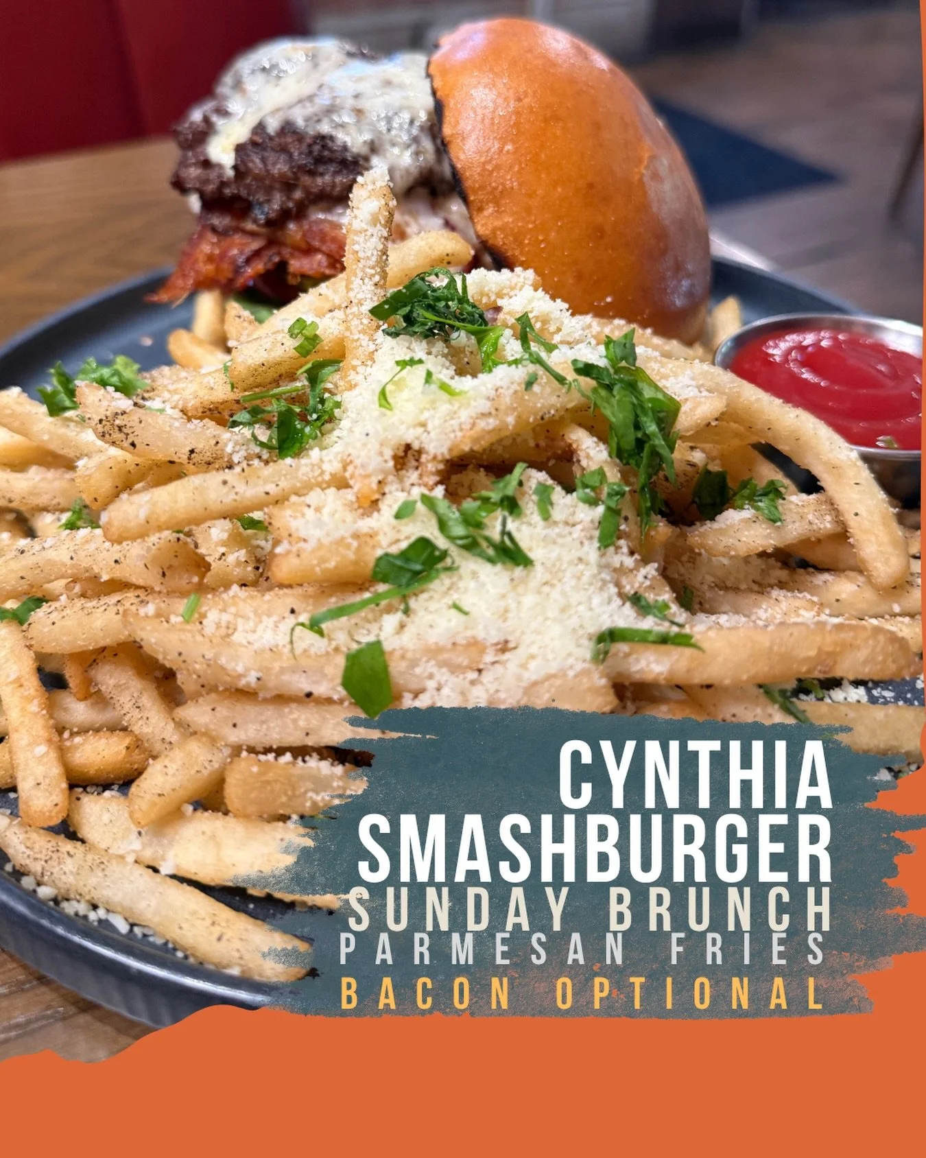 Low key our burger is fire.
Grilled‑and‑smashed patties, cheddar, Cynthia sauce, optional bacon. If a fried egg on top is your vibe, we got you.
Fries included.
Weekend brunch, now til 3 PM.