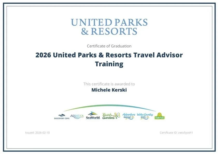 Certificate from United Parks & Resorts for 2026 travel advisor training awarded to Michele Kerski, featuring logos of Discovery Cove, Aquatica, SeaWorld, Busch Gardens, Adventure Water Country USA, and Gator Pool.