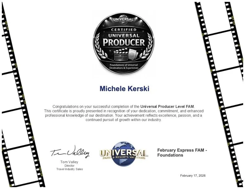Certification award for Michele Kerski recognizing completion of the Universal Producer Level FAM, issued by Universal Parks & Resorts Vacations, dated February 17, 2026, featuring a filmstrip border and an industry badge at the top.