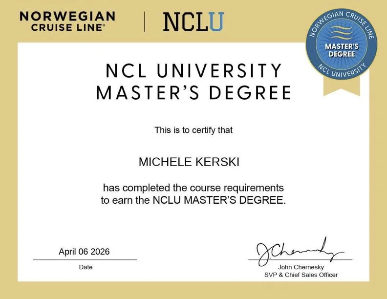 Certificate from NCL University stating Michele Kerski has completed coursework to earn a master's degree, dated April 6, 2026, with signatures and a blue badge indicating a master's degree.