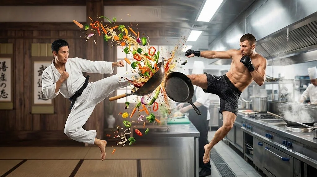 two martial artists fighting in a kitchen