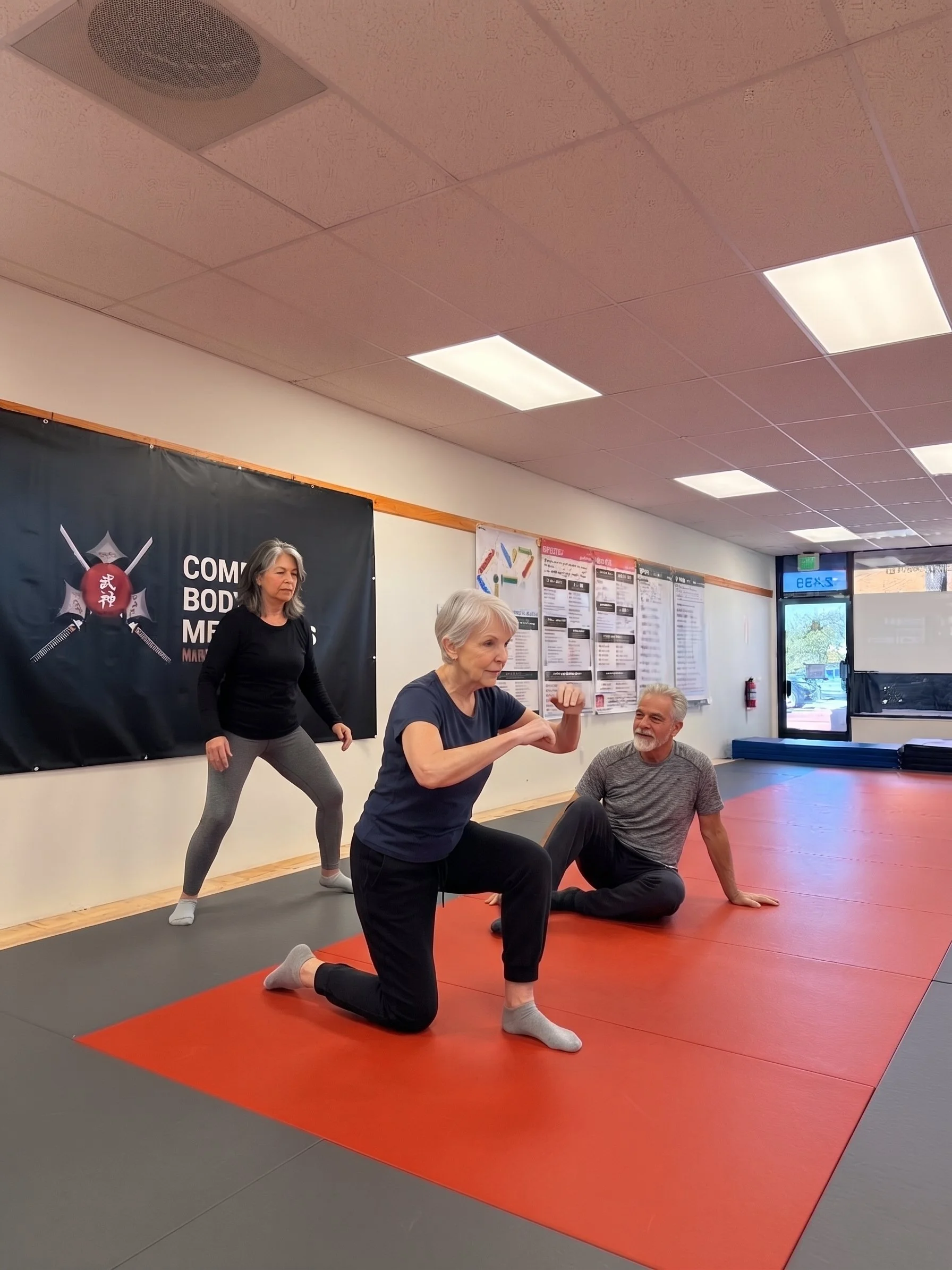 Adults practicing martial arts basics
