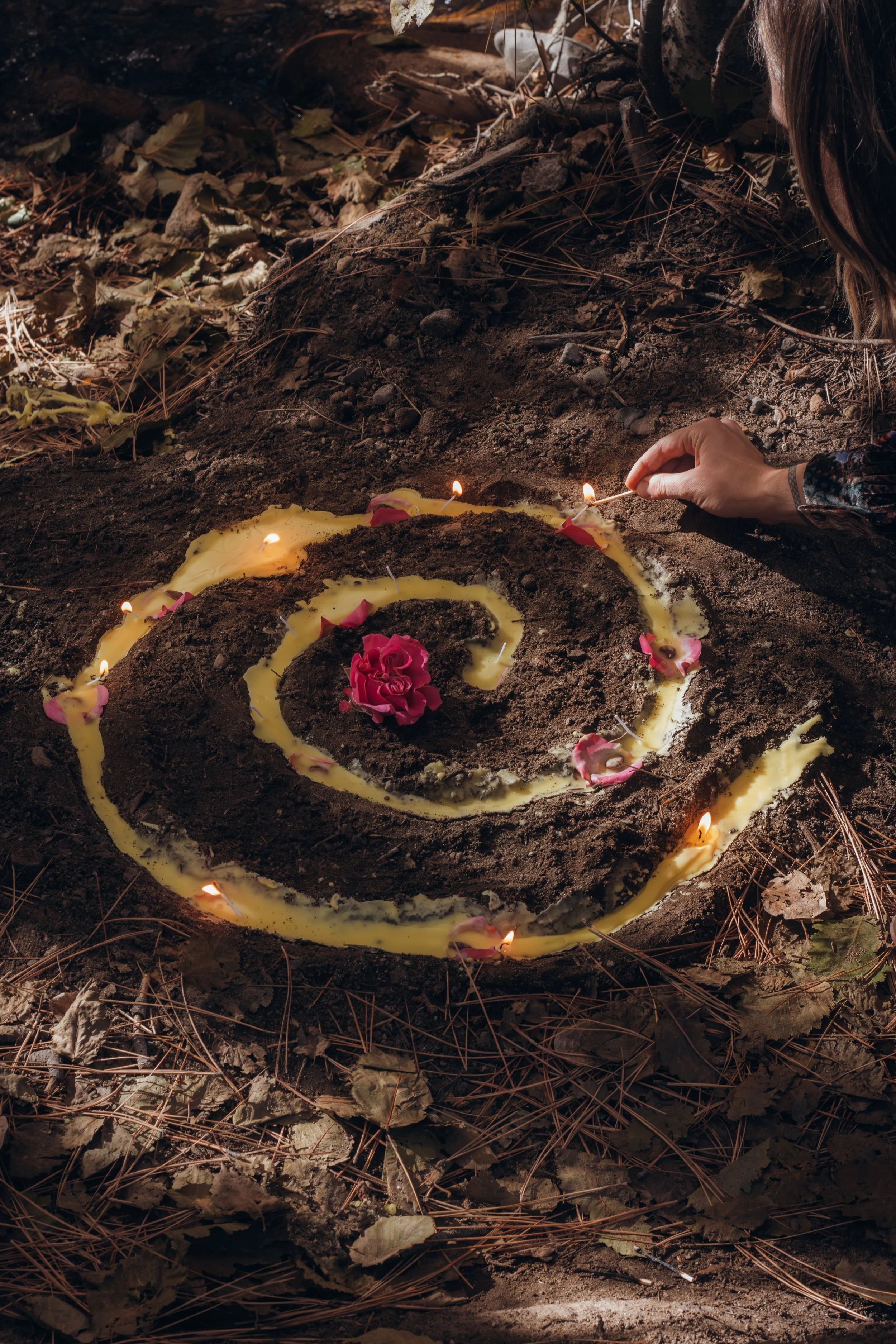 A person placing pink flower petals on a heart-shaped arrangement of melted candles and rose petals in the ground, surrounded by autumn leaves and pine needles.