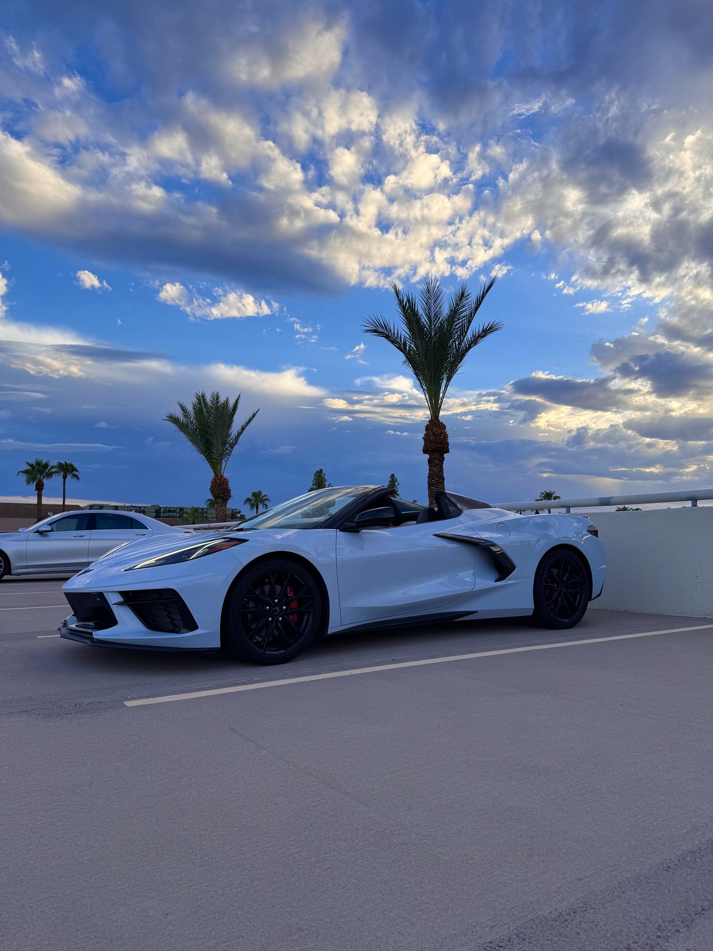 A White Chevrolet Corvette C8 convertible sports car parked in a lot with palm trees, blue sky, and clouds overhead.