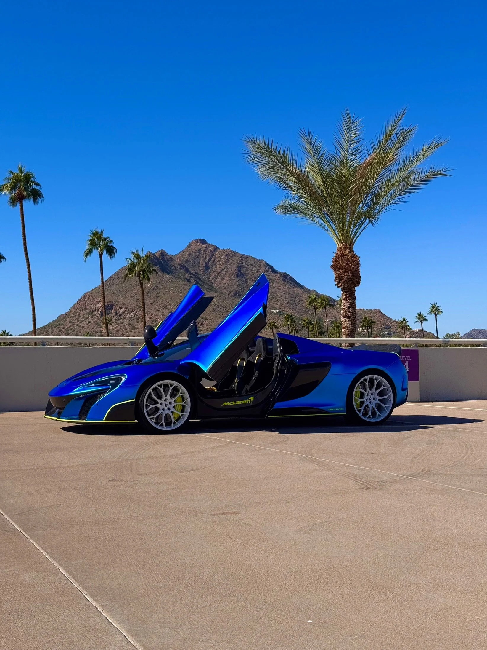 A blue McLaren 650S Spider with upward opening butterfly doors parked on a concrete surface, palm trees, mountain in the background, clear blue sky.