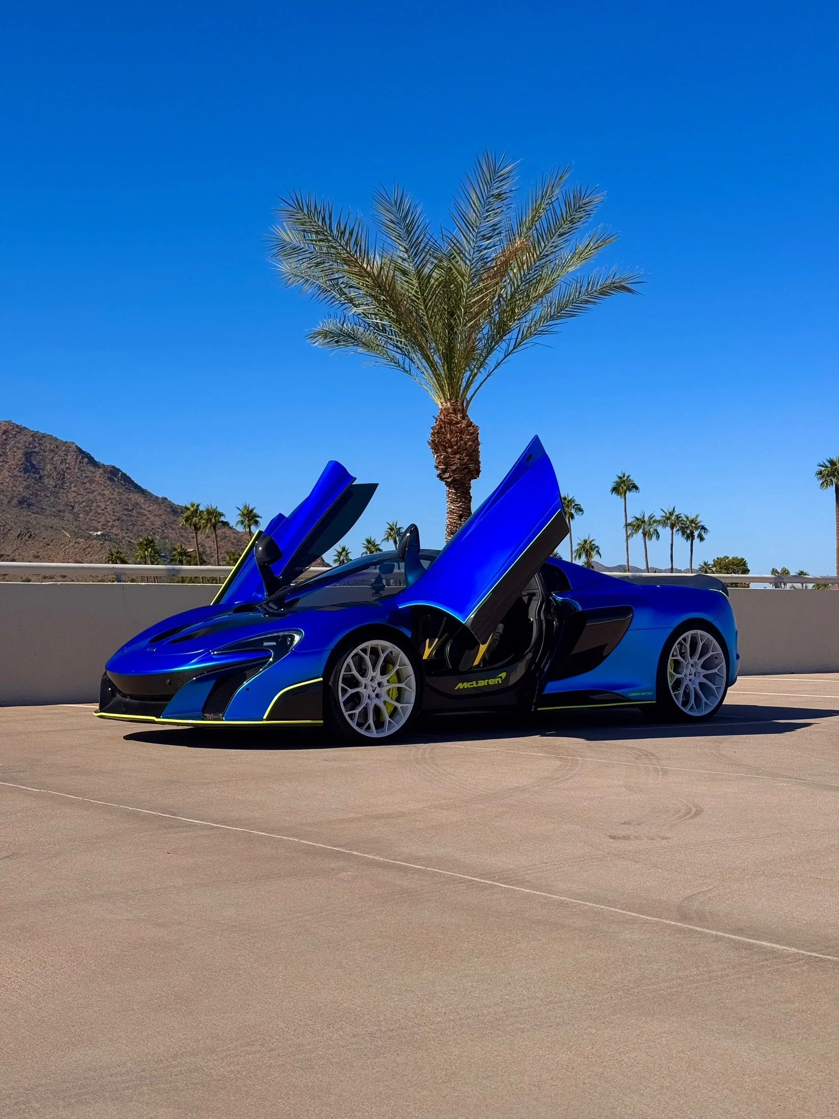 A blue McLaren 650S Spider with open butterfly doors parked on a concrete surface under a clear blue sky, with a palm tree in the background.