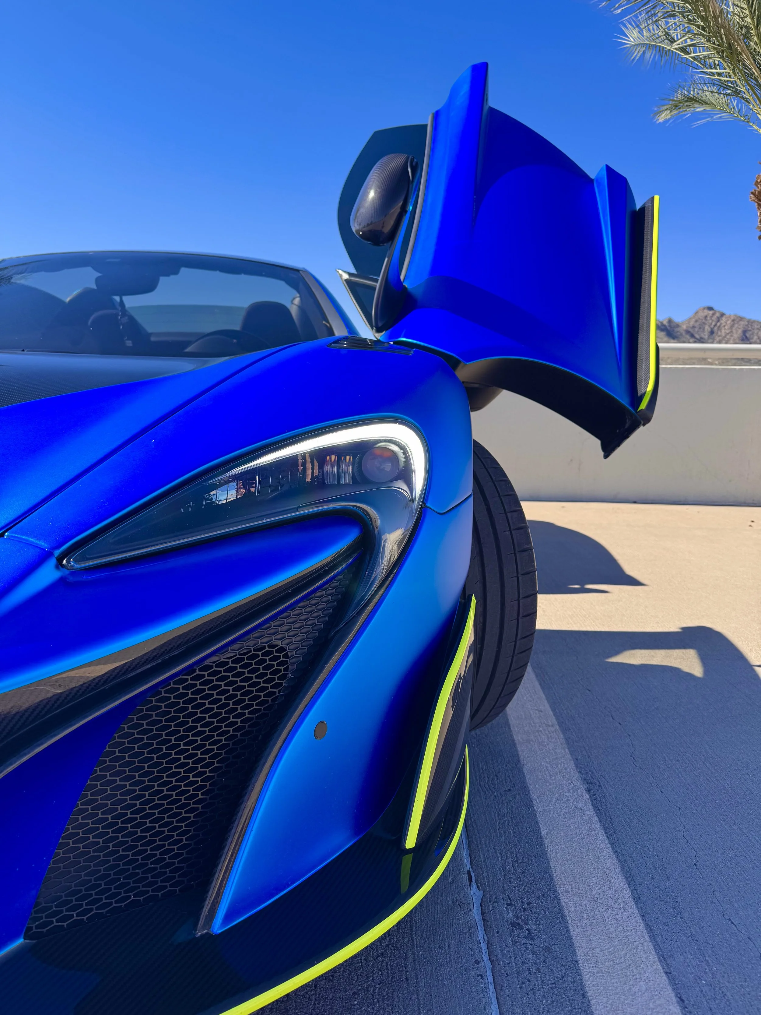 Close-up of a sleek, blue McLaren 650S Spider with its butterfly door open, showcasing its modern design, LED headlights, and carbon fiber accents on a sunny day with clear blue skies, palm tree, and mountains in the background.