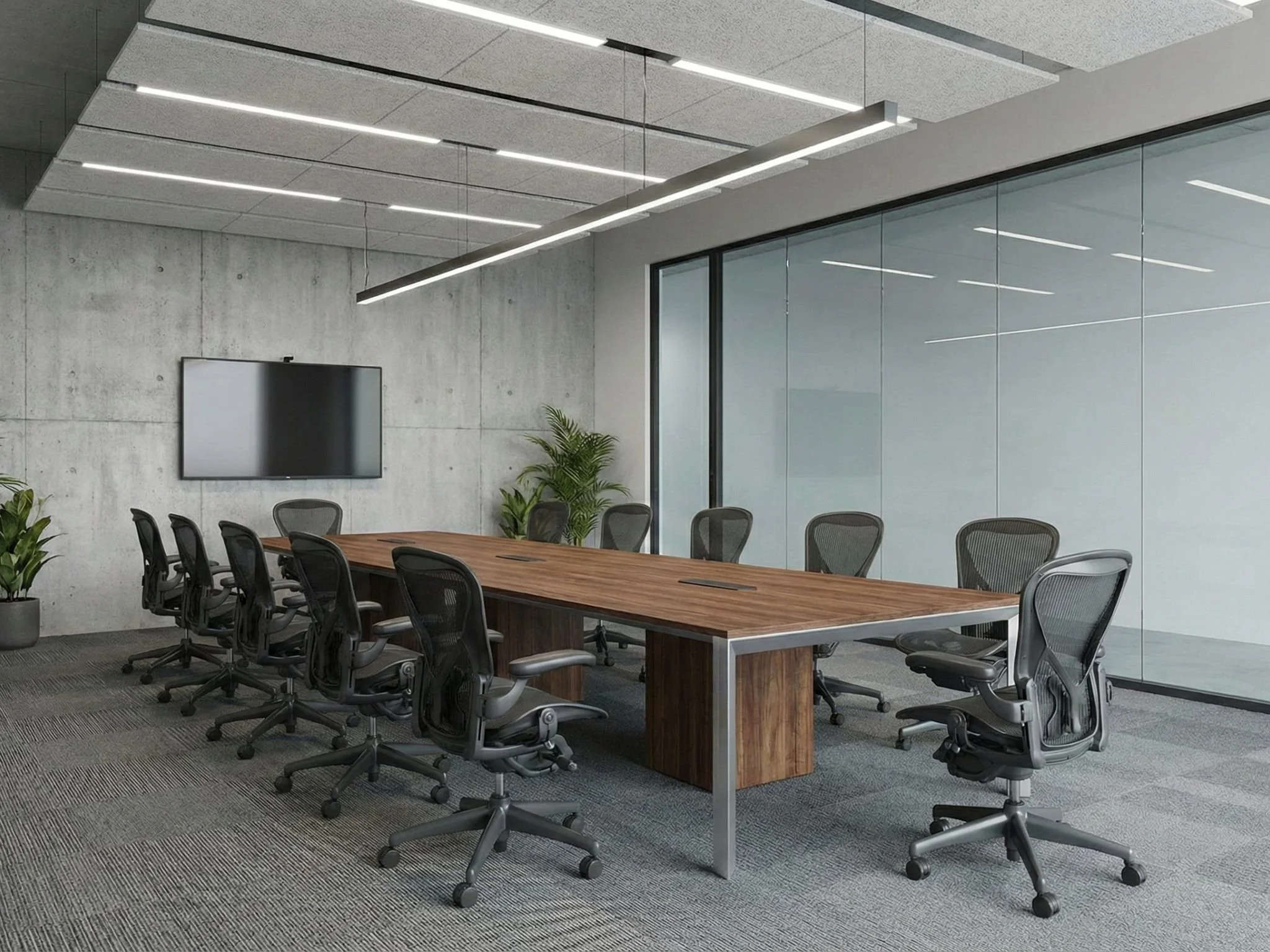 Modern conference room with a long wooden table, ergonomic chairs, glass wall, flat screen monitor, potted plants, and ceiling lights.