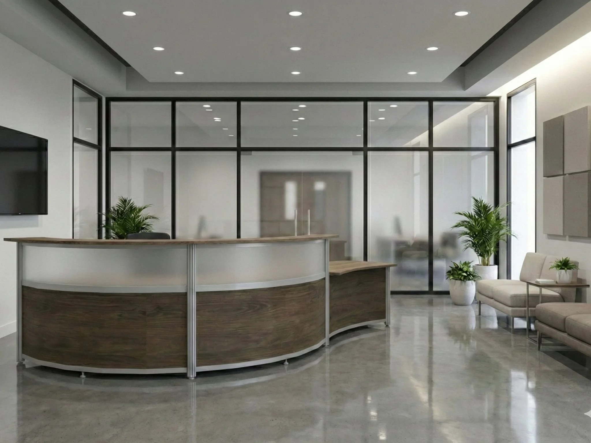 Modern office reception area with a curved reception desk, large glass partition, plants, and seating area.