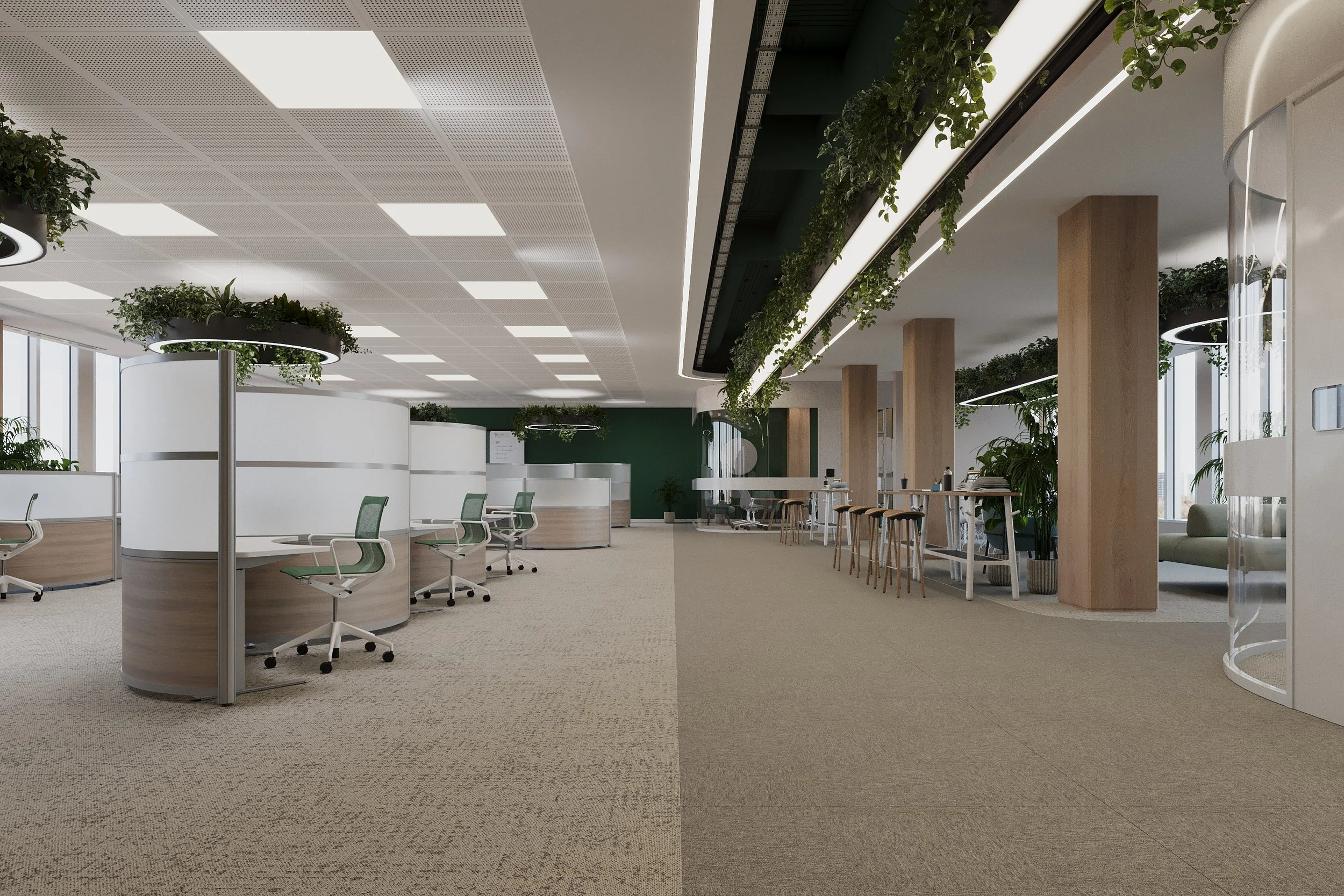 Modern office interior with workstations, chairs, plants, and natural light from large windows.