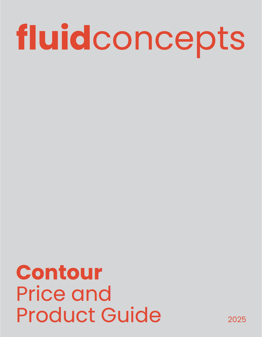 Cover of a guide titled 'fluid concepts Contour Price and Product Guide 2025' with a light gray background and red text.